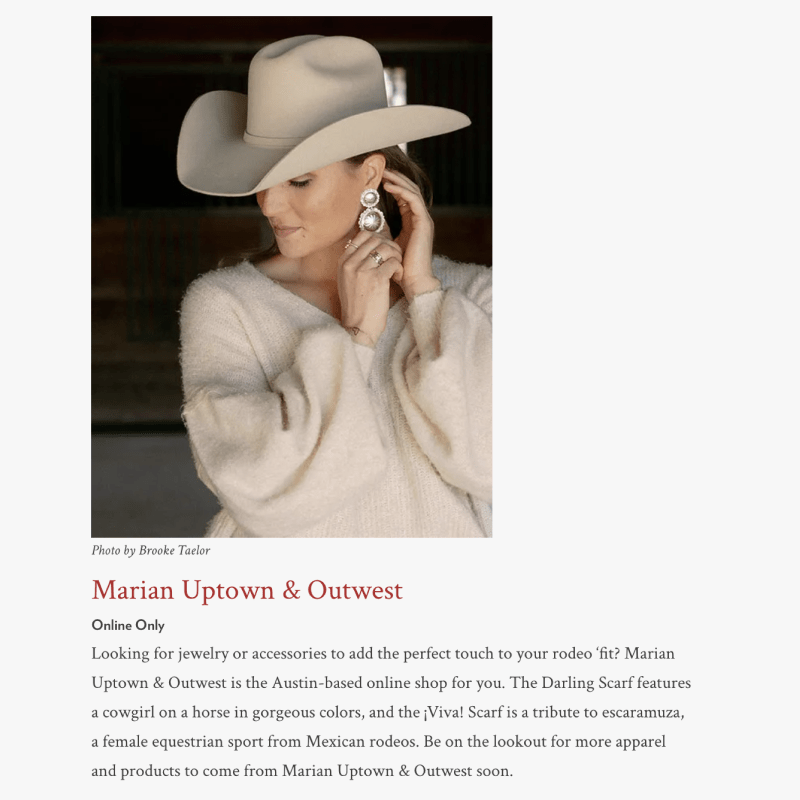 An image of MARIAN's article in TRIBEZA's Austin City Guides. The featured image is of Marian wearing one of her signature silver earrings, a cowboy hat, and a sweater.