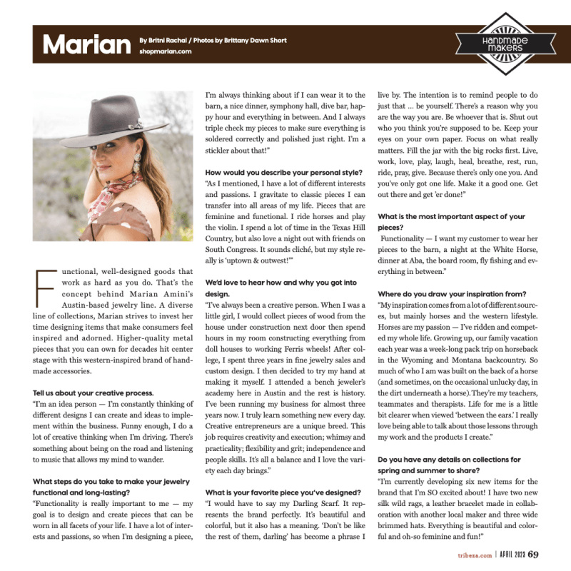 An image of MARIAN's press feature in Tribeza as a Handmade Maker.
